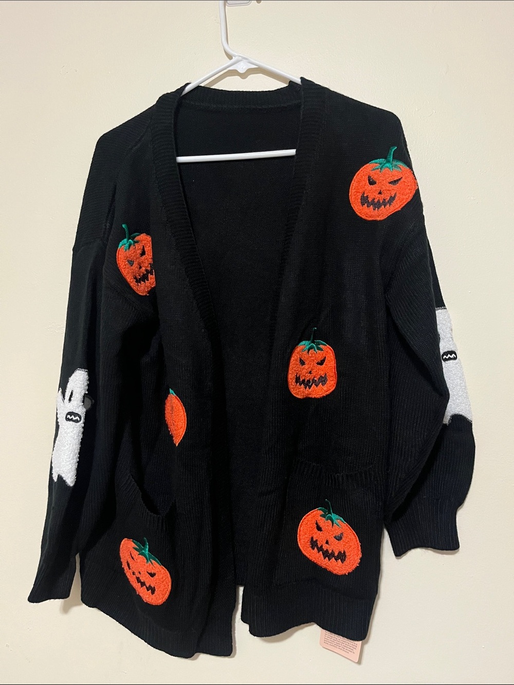 BloomChic Black Halloween Pumpkin Cardigan with Orange Patchwork